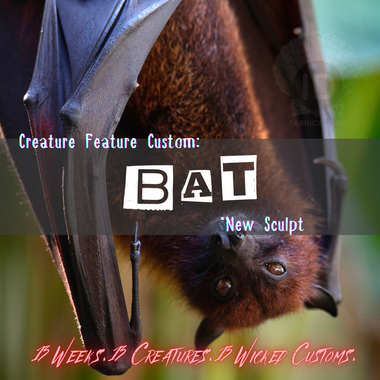 Bat hanging upside down with text overlay about creature feature custom.
