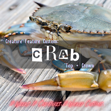 Crab on a wooden surface with text overlay