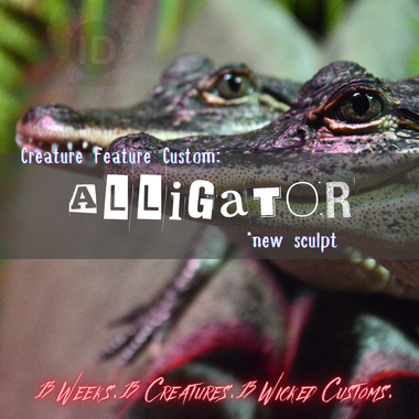Close-up of an alligator with text overlay about a creature feature custom sculpture.