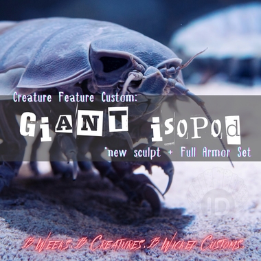 Giant isopod with text overlay about a creature feature custom.