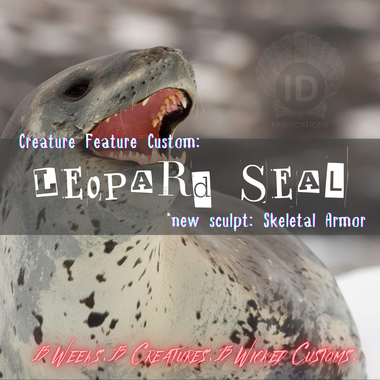 Leopard seal with open mouth, text overlay about a custom sculpture titled 'Skeletal Armor'.