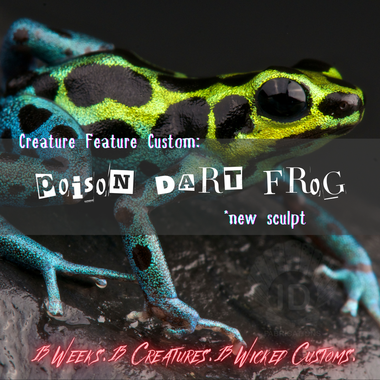 Close-up of a poison dart frog with text about creature feature custom.