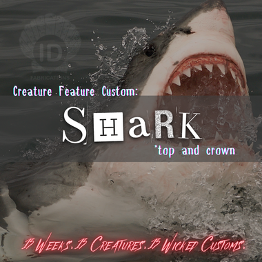 Shark with open mouth in water, text overlay about creature feature custom.