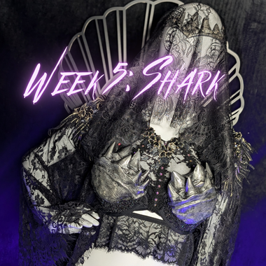 Black and white illustration of a shark with decorative elements on a dark background, featuring the text 'Week 3: Shark'.