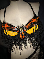 ID Fabrications Moth Silence of the lambs inspired mermaid top orange yellow death moth on black bra base