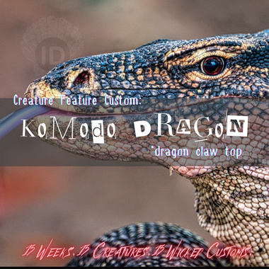 Komodo dragon with text overlay on a blurred background