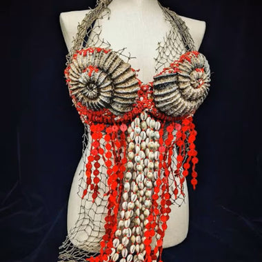 Red ammonite and cowrie shell mermaid top shell bra Blank plastic Ammonite fossil shell set from IDfabrications ID Fabrications for cosplay crafting mermaid tops and merfolk accessories