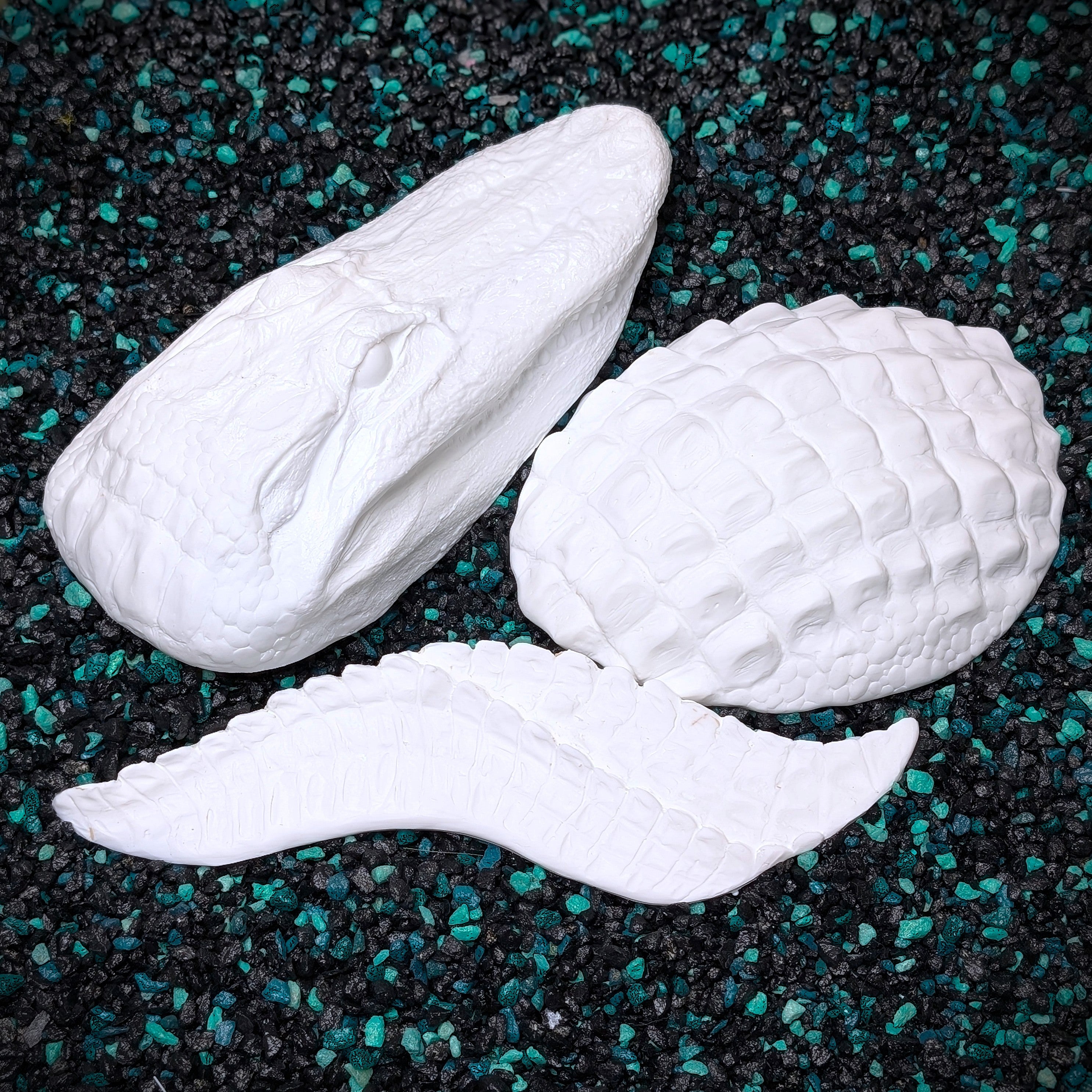 White plastic Alligator body on a dark textured surface with green specks