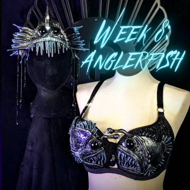 Mannequin wearing a black bra with anglerfish design and text 'Week 8: Anglerfish' on a dark background.