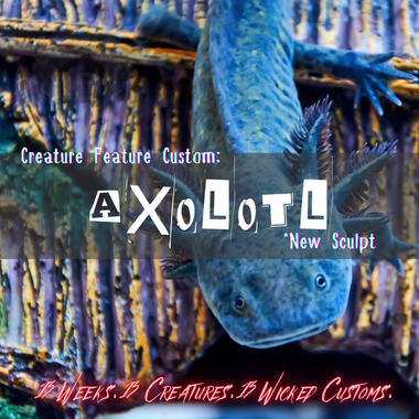 Blue axolotl creature with text overlay on a dark background