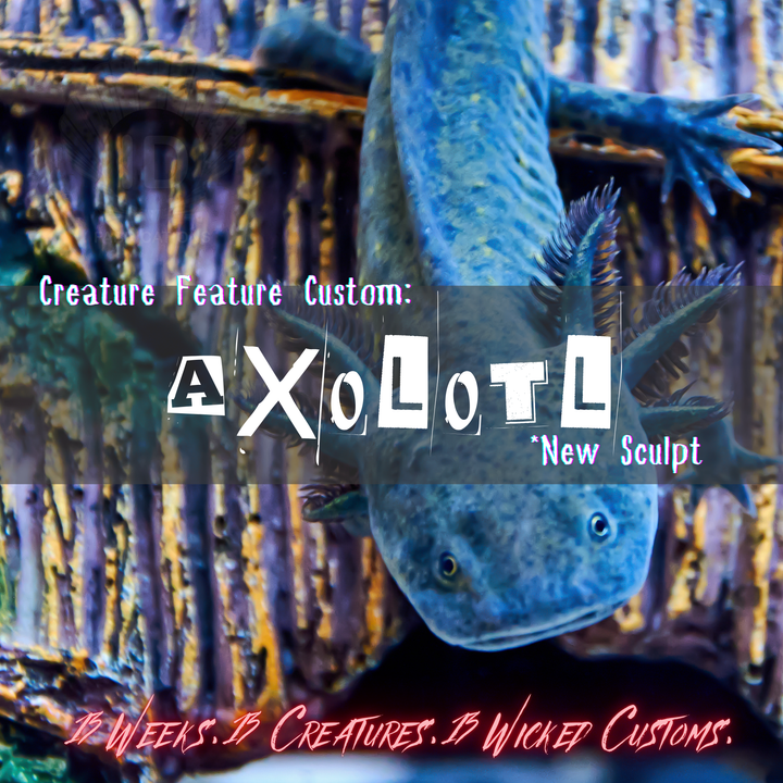 Blue axolotl creature with text overlay on a dark background