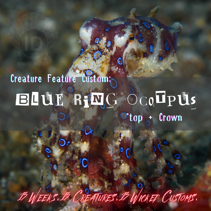 Blue-ringed octopus with text overlay on a blurred underwater background