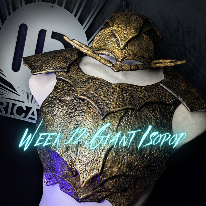 Costume with helmet and chest piece on a dark background with text overlay