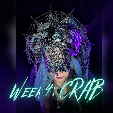 Person wearing a detailed mask with spiderweb design and glowing text 'Week 4: CRAB' on a dark background.