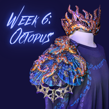 Colorful octopus-themed costume on a mannequin with 'Week 6: Octopus' text on a dark background
