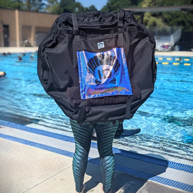 ID Fabrications Mermaid Silicone Tail Bag  Front on Pool Deck at California Mermaid Convention