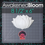 A white hand sculpted plastic lotus flower mold or sculpture sample is displayed on a gray gridded cutting mat with size text reading 8 1/2" x 6" and the style name AwakenedBloom.