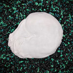 A white, textured plastic sculpture,  shaped like a nautilus in its shell, placed on a bed of black and green gravel. For DIY mermaid tops and accessories